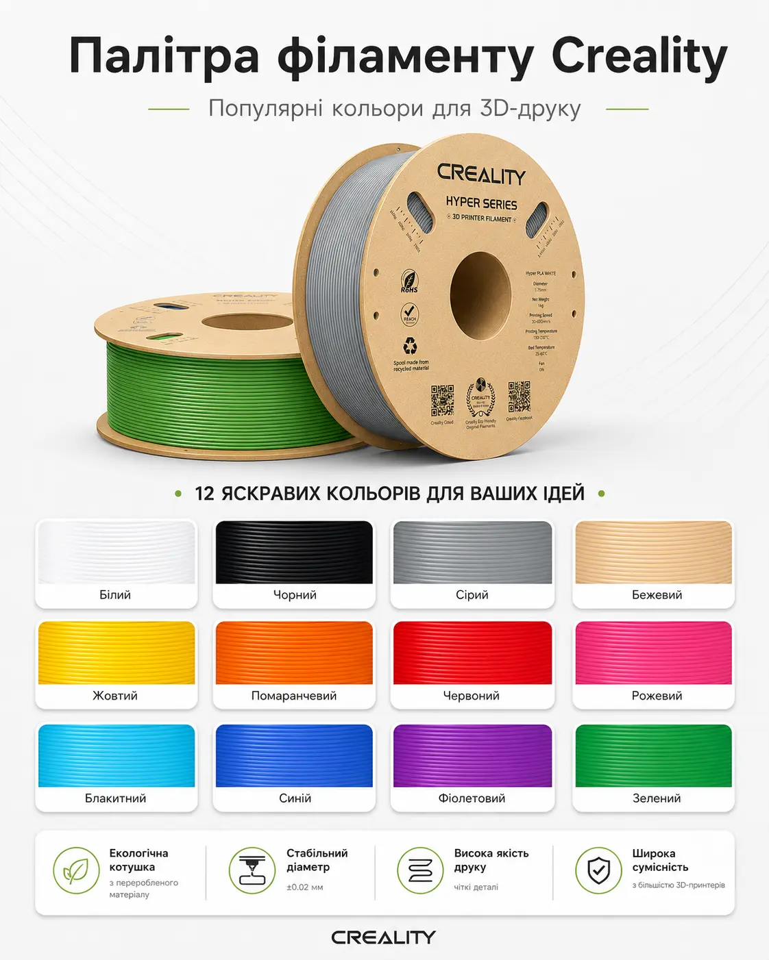 Палітра філаменту Creality з дванадцятьма популярними кольорами